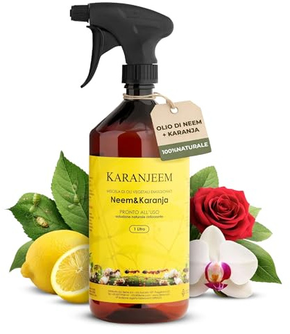 KARANJEEM® Spray Olio di Neem per Piante 1L Pronto Uso | Neem + Karanja 100% Naturale con Azadiractina | Protegge da Afidi, Cocciniglia, Tripidi, Acari | Per Orto, Agrumi, Piante Ornamentali