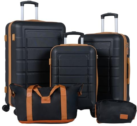 COSTWAY Resväskeset, 5-delat set med hårt skal, resväska med 1 reseta och 1 kosmetikväska, resväska med teleskophandtag och kombinationslås, handbagage, resväska med hårt skal och hjul, svart