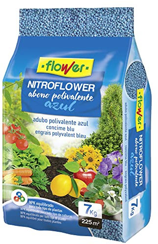 abono nitrogeno granulado nitroflower Polivalente 7 kg Universal Azul, Equilibrado NPK, Ideal para Horticultura y Jardinería, Fertilizante, Corteza de Coco, Turba, 26.5x9x41.5 cm