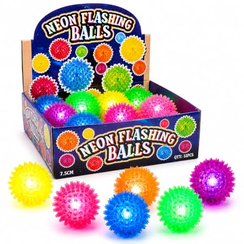 HENBRANDT 12 Pack 7.5cm Flashing Spiky Balls | Light Up Party Bag Toys | 12 Colourful 7.5cm Flashing Spiky Balls That Light Up When Bounced – Ideal for Party Bags, Prizes and Gifts