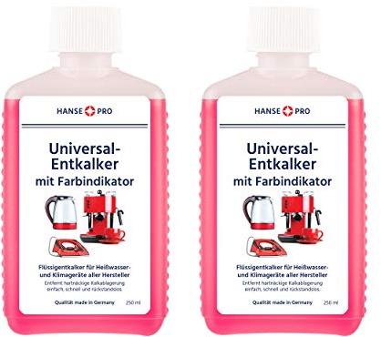 HANSE PRO Entkalker mit Farbindikator, 2 x 250 ml I Flüssig-Entkalker I Universal-Entkalker I Kalklöser I für Kaffeevollautomaten, Kaffee-Maschinen, Wasserkocher, Bügeleisen, Kaffee-Padmaschinen
