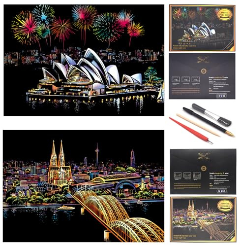 SiYear Scratch Paper Rainbow Painting Sketch, City Series Night Scene,Scratch Painting Creative Gift,Scratchboard for Adult and Kids with 4 Tools（Sydney + Cologne Cathedral）