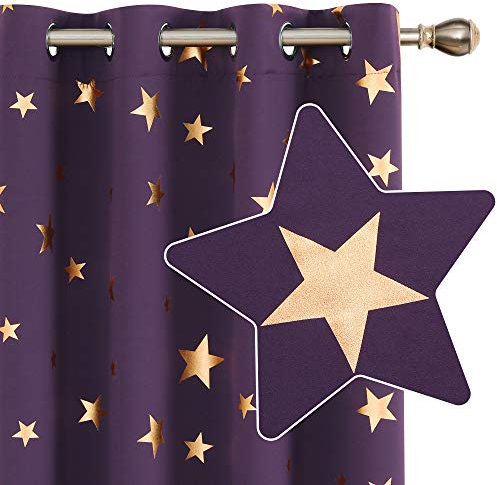 Deconovo Super Soft Thermal Insulated Curtains, Gold Star Foil Printed, Blackout Eyelet Curtains for Bedroom, 46 x 54 Inch(Width x Length), Purple Grape, 2 Panels
