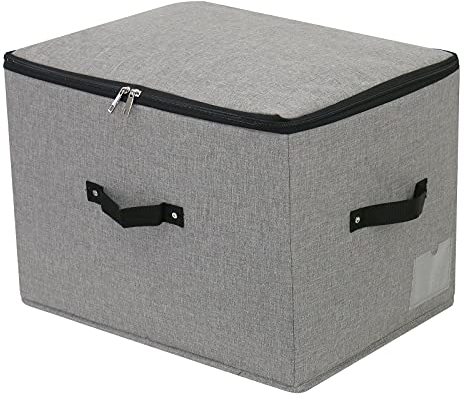 Rigid Foldable Fabric Storage Box with Zipper lid, handle, Garment Bedding Storage Basket Organizer for Wardrobe Shelf, Washable, 44×33×31cm, Dark Grey