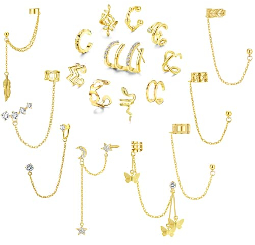 Diamday 18Pcs Ear Cuff Ohrringe Kette für Damen Verstellbare Helix Knorpel Clip On Wrap Ohrringe Manschetten Ohrclip Ohr Cuffs Set