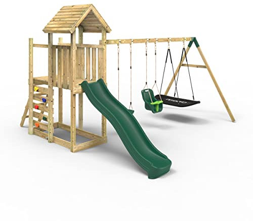 Rebo® Extended Tower Wooden Climbing Frame with Swings and Slide - Snowdon | OutdoorToys | Kids' Outdoor Wooden Garden Play Equipment, Children's Jungle Gym