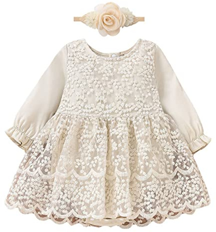 IMEKIS Pelele de encaje para bebé y niña, vestido de princesa, cumpleaños, sesión de fotos, manga de mosca, volantes, tutú con cinta para la cabeza, boda, bautizo, fiesta, Color caqui 1., 12-18 Meses