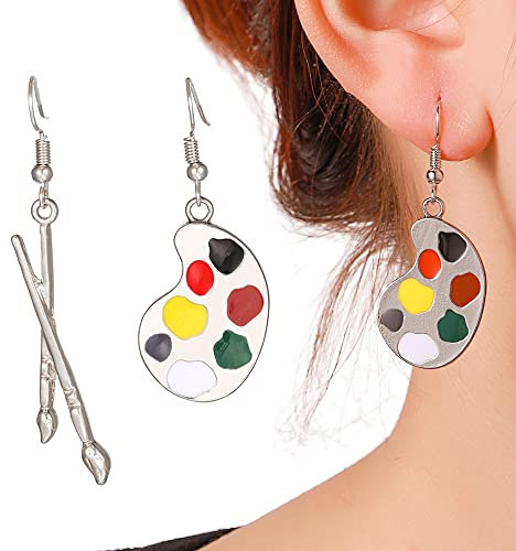 EFRANO Boucles d'oreilles Pinceau d'artiste, Boucles d'oreilles Pendantes Palette de Peinture émail asymétrique, Boucles d'oreilles Clous pour Femmes Filles (D)