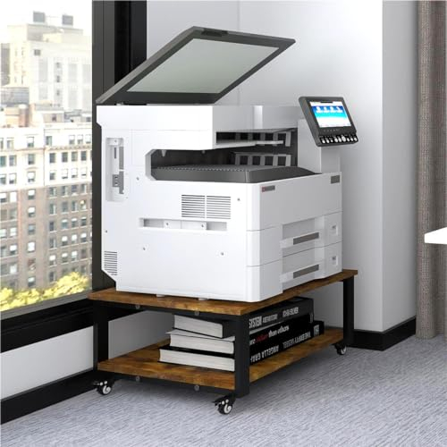 PUNCIA Mesa para Impresora de 2 Niveles con Ruedas Soporte para Impresora móvil de Madera y Metal Carro para Impresora Estante de Almacenamiento 60 x 60 x 32 cm Retro para Oficina Hogar Escuela