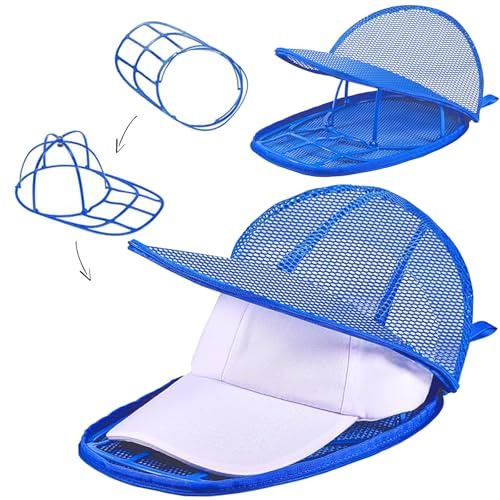 Lavar Gorras Lavadora de Béisbol, Plegable Soporte para Gorras y Funda de Malla con Cremallera para Evitar que las Gorras se Deformen, Bolsa Protectora Accesorios para Lavadoras, Azul, 2 Pieza