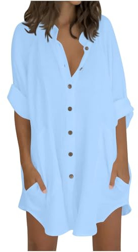Keepink Womens Tops Oversized Cotton Linen Button Up Shirts Summer Casual Blouse Roll-Up Sleeve Tops Extra Long Top with Pockets Hawaii Beach Cover Up Ladies Clothes