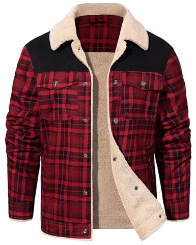 Svanco Men's Lumberjack Checked Flannel Overshirt - Fleece Lined Padded Shirt Jacket Red Black