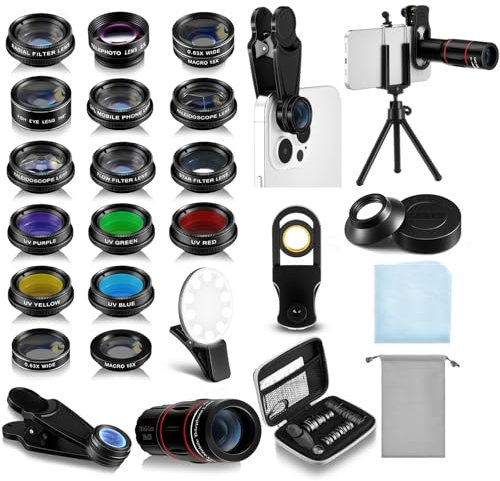Mootycapa Phone Camera Lens Kit 21 in 1 with Universal 18x Telephoto Lens with Tripod 0.63x Wide Angle 15x Macro 198° Fisheye 2X Telephoto Cpl Compatible with Most Smartphone
