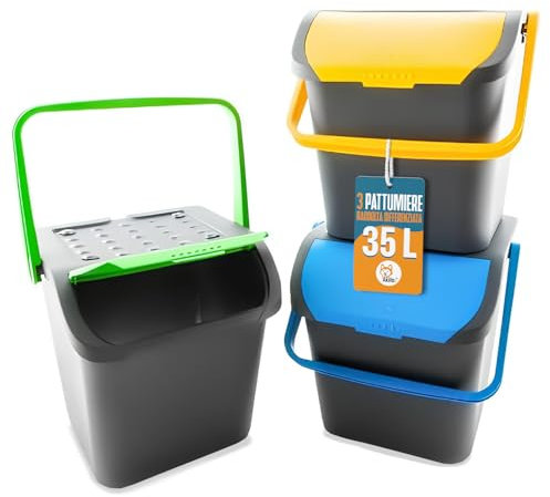 AKITAInk - Set 3 Pattumiere da 35 Litri Differenziate AKIPATPOP3 Cestini e Bidoni Componibili per Interni ed Esterni con Manici Resistenti, Impilabili e Design Ecologic Made in Italy