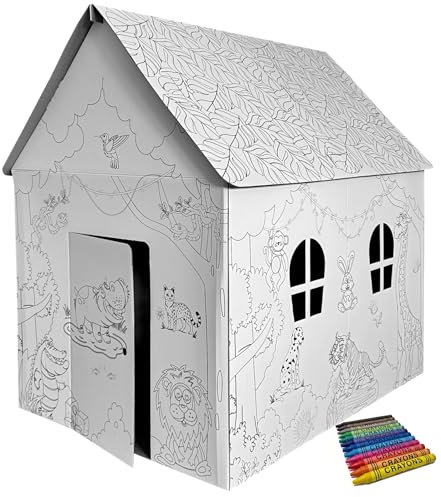 Maison de jeu en carton à peindre et décorer, avec stylos, maison, jouets, carton, 106 x 84 x 110 cm, motif d'animaux