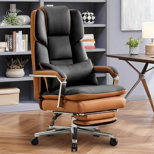 Ckaff Bürostuhl Ergonomisch, PU Leder Chefsessel, Bürostuhl 200kg mit Fußstütze und Lendenwirbelstütze, Home Office Stuhl Verstellbarer Stuhl mit hoher Rückenlehne, Schwarz