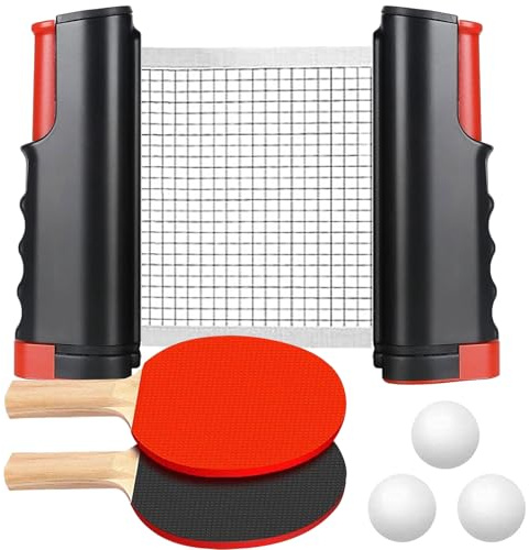Persiiious Set de Tennis de Table, Ping Pong Kit, Ensemble de Raquettes de Ping-Pong, avec 2 Raquette de ping-Pong+3 Balles+1 Rétractable Filet Ping Pong pour Table+1 Sac de Transport