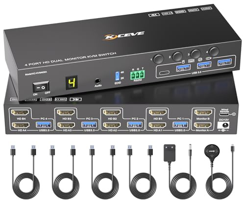 4 Port HDMI KVM Switch 4 PC 2 Monitor 4K@60Hz Simulazione EDID, Switch KVM Dual monitor con 4 Porte USB 3.0 per Periferiche USB, Audio, RS232, con Telecomando Cablato, Alimentatore 12V e 4 Cavi USB