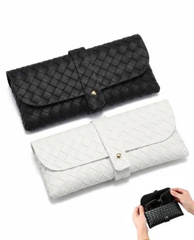 Luxorium 2 custodia occhiali da viaggio in PU intrecciato nero e bianco, custodia occhiali da sole morbida per donna, uomo e bambino con chiusura a bottone, 16,5 x 8 cm