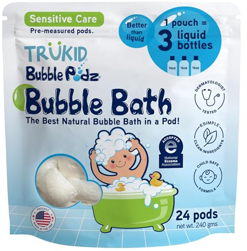 TruKid Bubble Podz Bubble Bath for Kids, Toddlers, & Babies, NEA-Accepted for Eczema, Gentle Refreshing Colloidal Oatmeal Bath Bomb for Sensitive Skin, pH Balanced, Tear Free, Unscented (24 Podz)