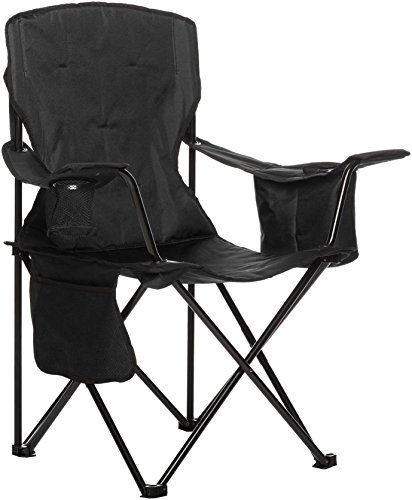 Amazon Basics Comfortable, Heavy Duty, Portable Camping Chair with 4-Can Cooler, Side Pocket, Cup Holder, and Carry Bag, Collapsible for Camping, Fishing, Beach, and Backpacking, Large, Padded, Black