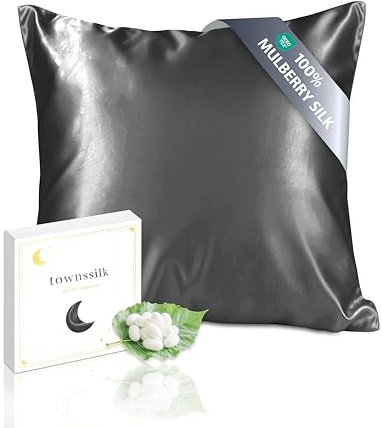 townssilk Taie d'oreiller en Soie, 65x65cm, 100% Soie de mûrier Naturelle 19 Momme, Deux Faces en Soie, certifiée Oeko-Tex, Douce pour la Peau et Les Cheveux, 1 unité,Gris Foncé