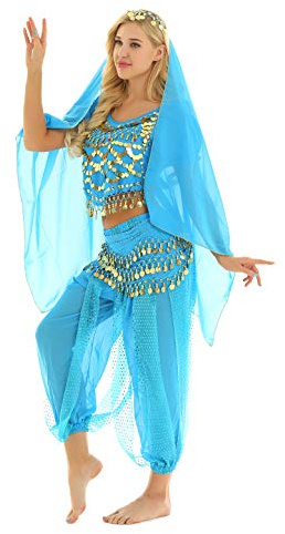 MSemis Traje Disfraz Danza del Vientre para Mujer Disfraz Princesa Árabe Traje Baile Oriental Accesorios Disfraz Bailarina Oriental Coaplay Fiesta Carnaval Azul Talla Única