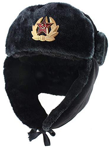 Ushanka Cappello Russia Ushanka Bomber Cappelli Donna Uomo Esercito Sovietico Cappello Invernale Caldo Paraorecchie Cappellini da Neve Trapper Trooper Cappelli-BK_with_Badge