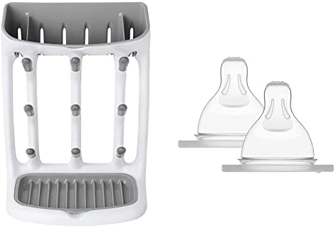 OXO Tot Space Saving Drying Rack & MAM Extra-Slow Flow Teats Size 0, Suitable for Newborns, SkinSoft Silicone Teats for Baby Bottles, Fits all MAM Bottles, Baby Feeding Essentials, Pack of 2
