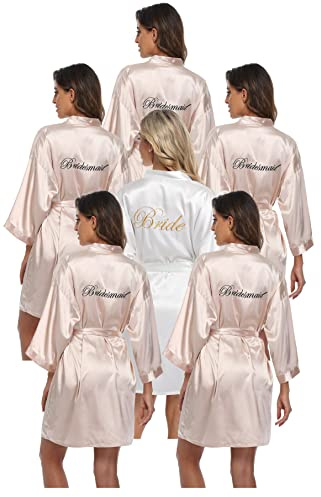 PENGEE Lot de 6 kimono courts pour femme - Pour fête de mariage et demoiselles d'honneur, Champagne et blanc., taille unique