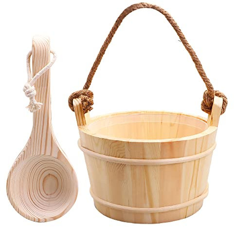 KAKUNM Sauna Bucket and Ladle - 5 Liter (1.3 Gallon) Finnish Pine Wooden Spa Accessories with Plastic Liner and Rope Handle