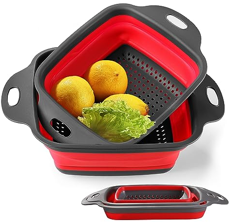 OLULU Lot de 2 passoires pliables pour cuisine, passoire en silicone de 29,2 cm et passoire en silicone de 24,1 cm pour égoutter les pâtes, les légumes, les fruits, les aliments de cuisine (rouge)