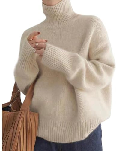 MAOAEAD Cashmere High Neck Sweater, Warm Knitted Cashmere Jumpers Ladies Cozy Soft Turtleneck Sweaters Oversized Tops for Women (Beige,XL(55-60kg))