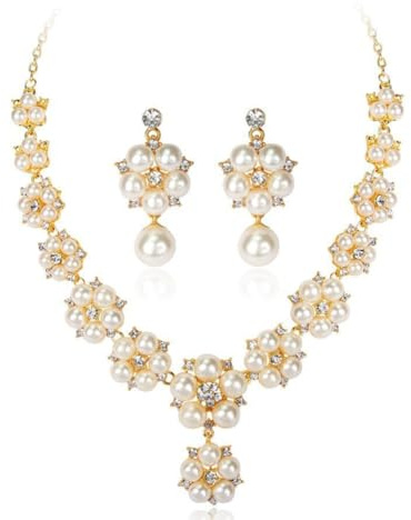 Hanaoops Ensemble de Bijoux pour Femmes Parure Bijoux Mariage 2 Pièces Réglable Pendentif Collier Boucles D'oreilles Floral Strass Faux Perle Chaîne Parure Ensemble (Or, Taille Unique)