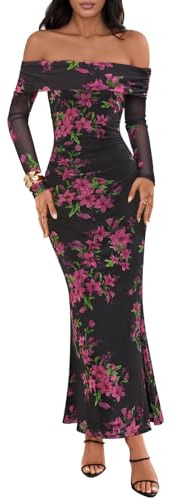 MEROKEETY Womens Fall Off Shoulder Floral Maxi Dresses, Black, X-Large