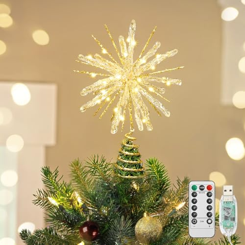 Luxspire Punta per Albero di Natale Stella Luminosa con Telecomando USB, Decorazioni Metallo Trasparente 10, Stelle Natalizie Illuminate, Ornamenti Vintage Moderni per Feste Casa, Echinoid Star-Gold