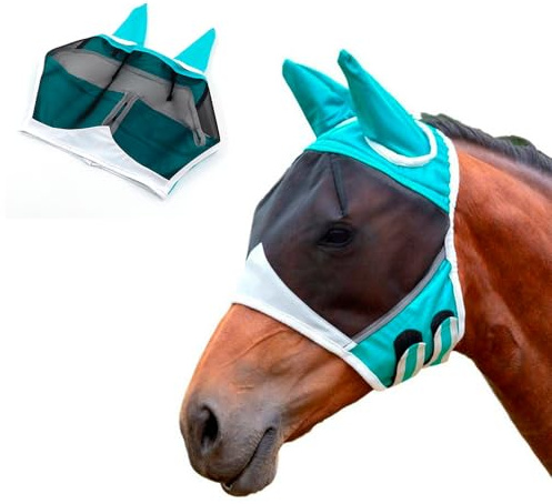 XFSRG Mascara Antimoscas Caballo Poliéster Máscara Moscas Caballo Full Orejeras Accesorios para Exterior (Azul, S)