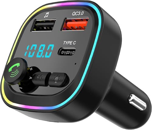 Devil's Blade Trasmettitore FM Bluetooth 5.3 per Auto, Adattatore Audio Radio, QC3.0 Wireless Kit MP3, 2 porte USB e 1 Type-C, Chiamata Vivavoce, Supporta USB/TF/micro SD
