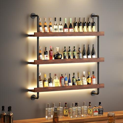 KCYXSMAX Portabottiglie da Parete con LED, 3 Livelli legno portabottiglie in metallo per vino, 80cm Vetrinetta Pensile, adatto per bar, cucine e ristoranti
