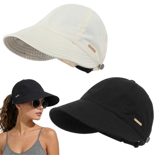 FloralGrace Sombrero Solar para Mujer 2 Piezas Protección UV Senderismo Pesca ala Ancha Gorra Ajustable Cola De Caballo Plegable