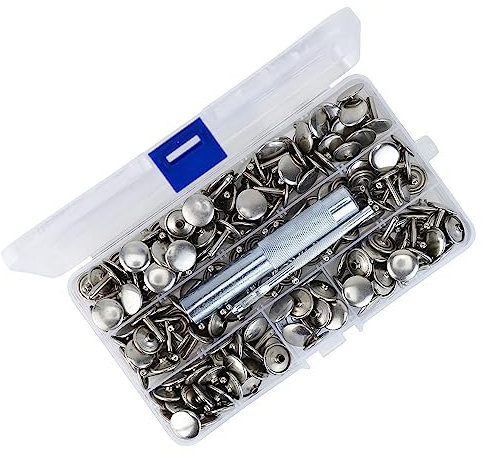 Trimming Shop 100 Set Leather Rivets Kit, 15mm Silver Double Cap Rivets Tubular Metal Studs with 3 Fixing Tools for DIY Leather Crafts Clothing Repair Bags Shoes Decoration