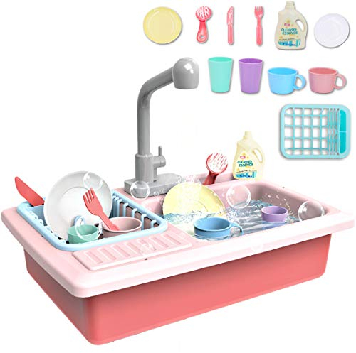 deAO Kinderspielset Pretend Kitchen Sink mit simuliertem Wasserhahn und enthaltenem Küchenzubehör - Rot