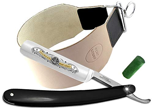 Rasiermesser Set mit Bartpflege Messer Schleifpaste aus Solingen und Extra breitem Abziehleder Streichriemen von InstrumenteNRW mit Sitz in Deutschland ein Rasier-Set für Männer Herren zur Nassrasur