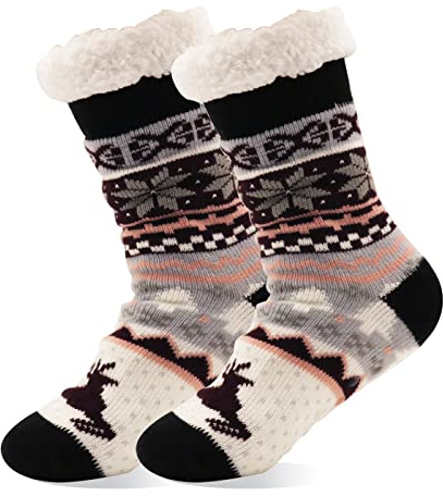 EMA MEGA GROUP Chaussons Chaussettes Femme, chaussettes douces et douillettes de lit de pantoufle de anti glissement dames, chaussettes de pantoufle de wapiti, flocon,neige, Noël