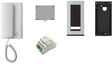 CAME Kit Citofonico AGT monofamiliare espandibile, completo di citofono interno a cornetta bianco AGT A200, unità esterna grigia HA/200, placca citofonica a un pulsante, base da parete, alimentatore