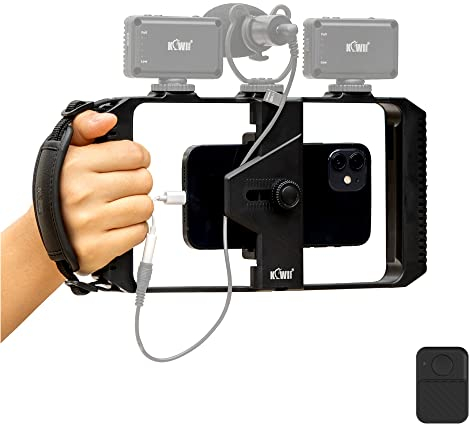 Smartphone Vidéo Rig Handheld avec Télécommande sans Fil + Dragonne, Filmmaking Cage, Stabilisateur Phone pour iPhone 13 12 11 Pro Max X XS Andorid, pour Vlogging Youtube Tiktok Videomaker