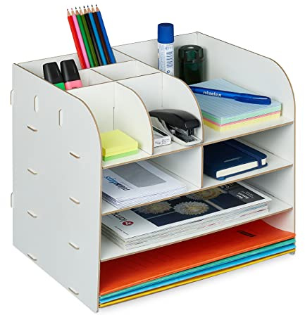 Relaxdays Skrivbordsorganisatör med dokumentfack, 10 fack, HBT: 27,5 x 32,5 x 25 cm, kontorsorganisatör MDF, vit