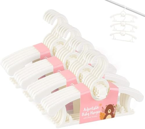 HGYZE Baby Hangers for Closet 20pcs, White Kids Clothes Hanger Plastic, 11-14 Adjustable Bulk Perchas for Newborn, Non-Slip Children Outfit Bear Hanger for Girl Boy Toddler Infant Nursery Clothing