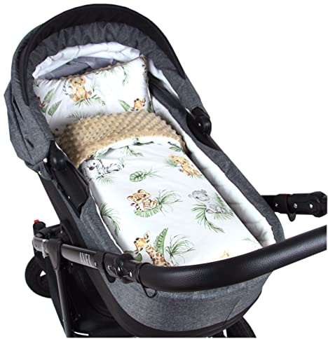 Babylux Babydecke Minky PLÜSCH Kuscheldecke Decke 75 x 60 cm + Kissen 2 TLG Set für Kinderwagen/Wiege (MP124 - Beige + Safari)