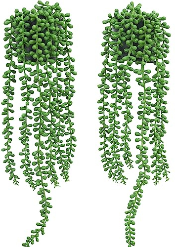 Floweroyal 2pcs Fake Hanging Plants Fake Potted String of Pearls Succulent Plants Small Faux Plants for Indoor Outdoor Shelf Wall Decor